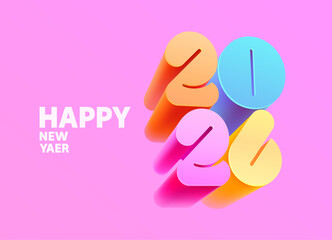 Happy New Year 2026 greeting poster design. Multicolor 3D numbers on pink background.