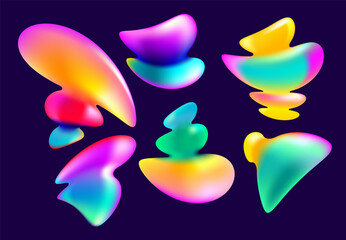 Set of iridescent fluid shapes and bubbles. Collection of colorful vector design elements.