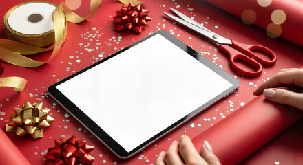 Mockup with a tablet and gift wrapping materials for advertising purposes and holiday promotions