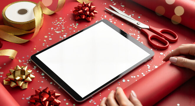 Mockup with a tablet and gift wrapping materials for advertising purposes and holiday promotions