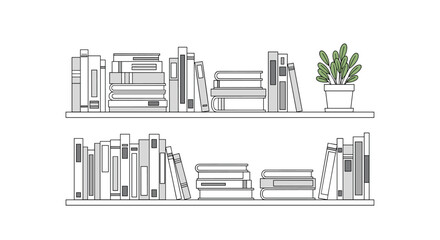 Minimalist line drawing shows two bookshelves filled with numerous books arranged neatly and a small potted houseplant on the top shelf.