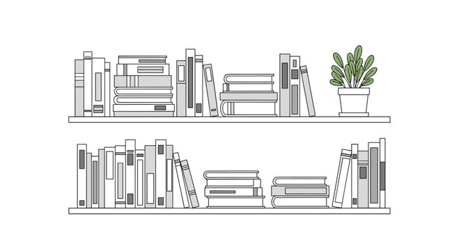 Minimalist line drawing shows two bookshelves filled with numerous books arranged neatly and a small potted houseplant on the top shelf.