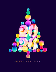 Bright Christmas tree of colorful balls with white numbers. Festive greeting card design.