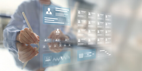 Digital Human Resources Management and Organizational Structure Displayed on a Virtual Interface.