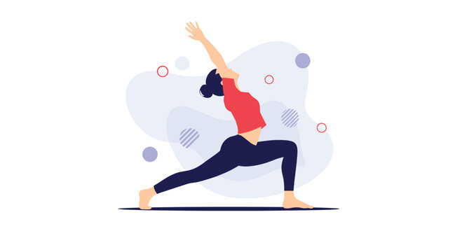 Young woman gracefully performs the warrior I yoga pose (Virabhadrasana) for physical and mental wellness on a yoga mat illustration.
