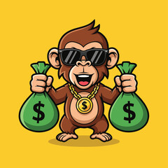 Cartoon monkey wearing sunglasses and a gold chain, holding two money bags with dollar signs on a yellow background.