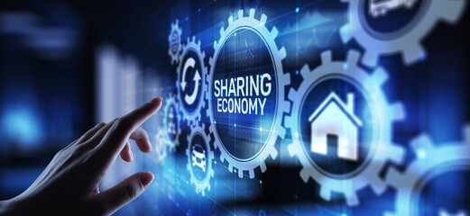 Sharing economy, innovation and future business technology concept on virtual screen.