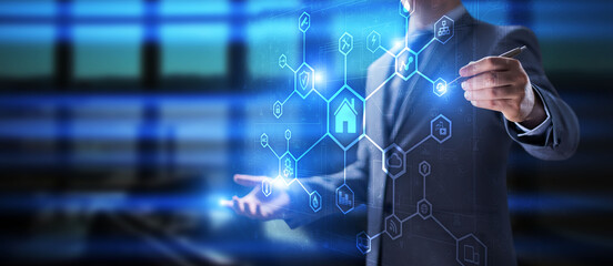 Smart home control panel on virtual screen. Internet of things, IOT, process automation concept.