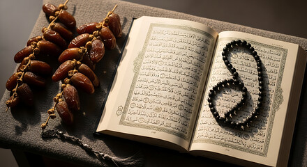 Open Quran with Rosary Beads and Dates, Symbolizing Faith and Tradition During Ramadan for Spiritual Reflection and Fasting