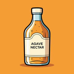 A cartoon illustration of a clear glass bottle filled with golden agave nectar, featuring a white label on an orange background.
