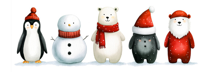 Cute winter cartoon characters, including a penguin, a snowman, a polar bear, and festive bears in red outfits. Hand-painted watercolor style, isolated on a transparent background. 
