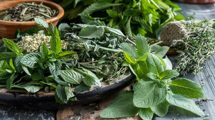 A close-up of various fresh and dried aromatic herbs displayed on a rustic wooden surface