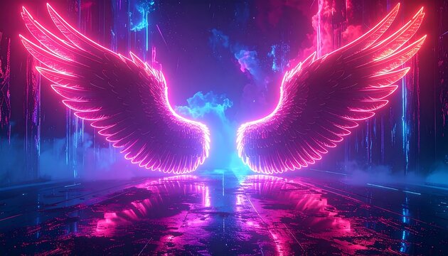 Neon wings glow against a dark, reflective floor with swirling blue and pink smoke amidst digital architecture - Powered by Adobe