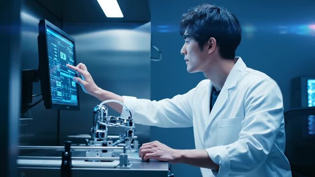 man in labcoat works on robot prototype at workstation. monitor displays schematic. instrument and tool handle component assembly. device combines precision and technology. control panel logs data.
