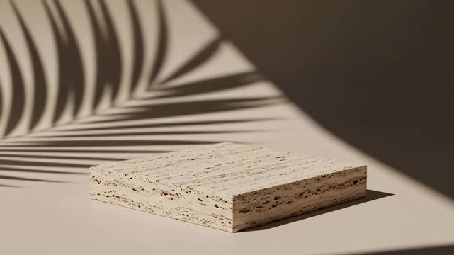 Rotating Travertine Block Product Display with Tropical Palm Leaf Shadows