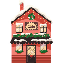 Charming Pink Cafe Building Decorated With Christmas Wreath Garland and Snow Accents Cozy Festive Holiday Season Ambiance