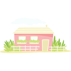 Charming Pink House with White Picket Fence and Lush Greenery A Quaint Dwelling Surrounded by Vibrant Nature Under a Cloudy Sky