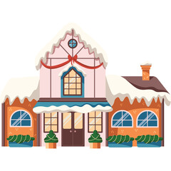 Charming Pixel Art Style Illustration Of A Snow Covered Building With Festive Red Bows And Garland Adorning The Facade Detailed With Window Panes And Potted Greenery In A Winter Wonderland Setting