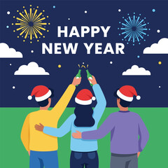 Funny vector illustration of the people celebrate happy new year eve