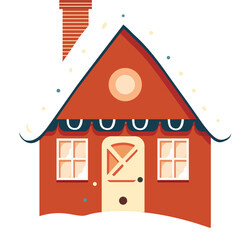 Charming Red Gable Roof House Illustration With Snow Falling And A Yellow Door On A Clear Day