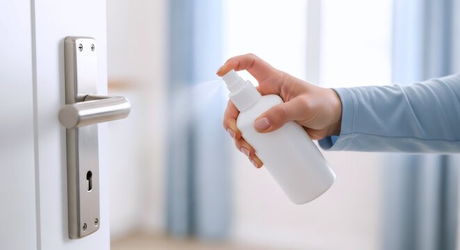 Person's hand sprays potent disinfectant onto a modern metal doorknob, promoting essential hygiene and health protection against germs in the home