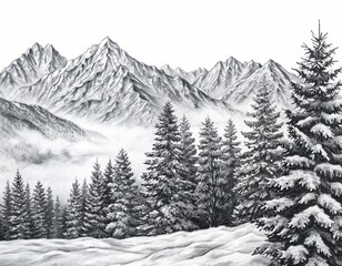 Fototapeta premium Detailed snowy mountain landscape illustration with hand-drawn pine forests, frosty peaks and winter mist, graphite and charcoal style sketch mural, serene monochrome nature scene for decorative wall 