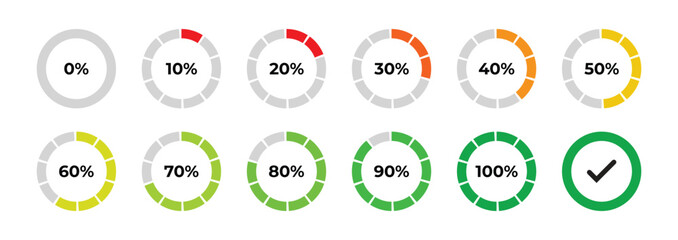 Circular progress indicator set in modern UI style, percentage rings from 0 to 100 with segmented red-to-green progression, dashboard and analytics elements for apps, web interfaces, workflow visuals