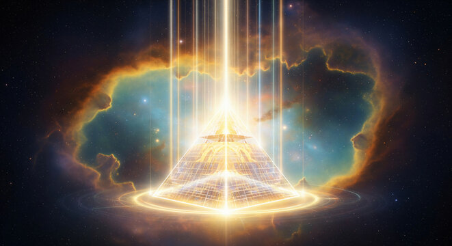 Luminous Pyramid Floating Inside Glowing Nebula Symbolizing Ascension Divine Wisdom and Higher Truth JPG