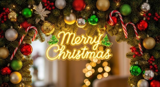 Christmas decorations with a neon sign reading 'Merry Christmas' - Powered by Adobe