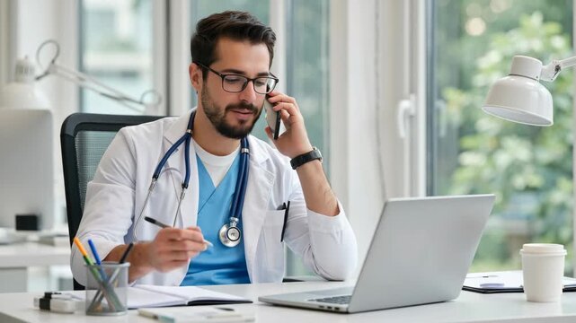 Portrait of a young male healthcare professional in white coat working in a modern office, consulting patients on the phone and taking notes while using a laptop. Bright clinical setting.
