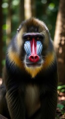 Portrait of a Mandrill Monkey with Striking Facial Colors in the Jungle.