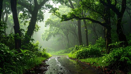 Fototapeta premium Lush forest path with verdant foliage & misty atmosphere. Road wet from rain. Natural, tranquil, slightly blurred depth
