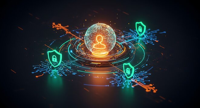 Digital person icon in a secure network, surrounded by digital shields and glowing lines