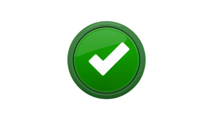 Shiny green button with white checkmark signifying approval or completion, perfect for modern interfaces and successful outcomes isolated on white or transparent png.