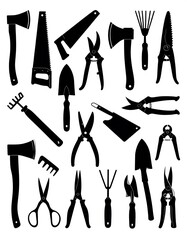Assortment of black silhouettes of garden tools and hardware.