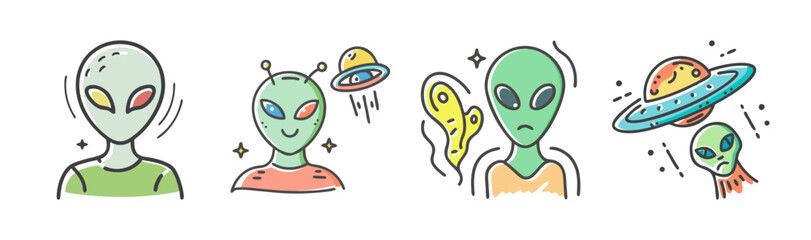 Cartoon aliens and ufos, extraterrestrial life doodle icons set
