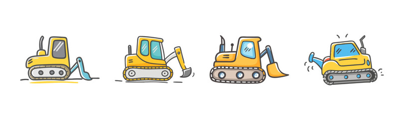 Cute hand-drawn yellow construction vehicles and excavators set
