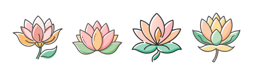 Hand-drawn pastel lotus flowers set, serene aquatic plant art