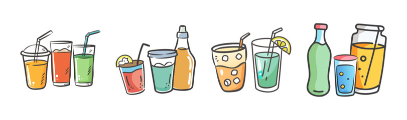 Assorted doodle style refreshing drinks in various containers.
