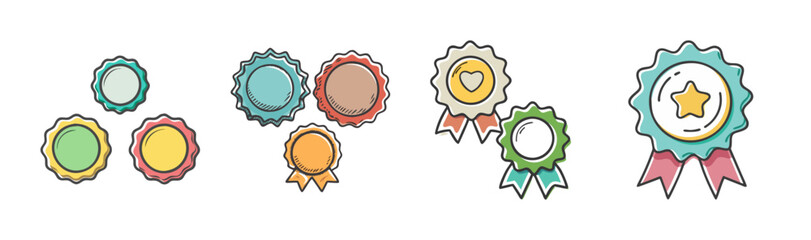 Illustrative set of hand-drawn badges, seals, and award ribbons