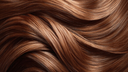 Fototapeta premium An exquisite close-up of flowing, lustrous brown hair. The strands cascade in elegant waves, catching the light and displaying their rich color.