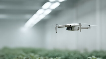 sophisticated drone harvesting crops within futuristic vertical farm environment