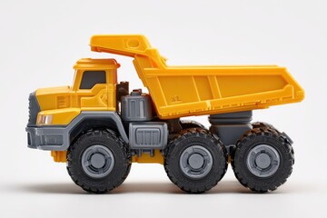 Fototapeta premium Side view of a small, yellow and gray toy dump truck on a white surface