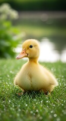 Adorable Duckling on Dewy Grass - A Portrait of Innocence and Nature.