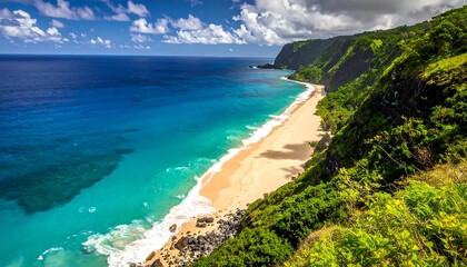 Lush, green cliffs meet a pristine, light sand beach and vibrant blue ocean under a cloudy sky