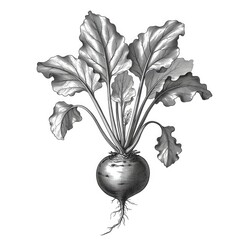 Monochrome illustration of a turnip with leaves.