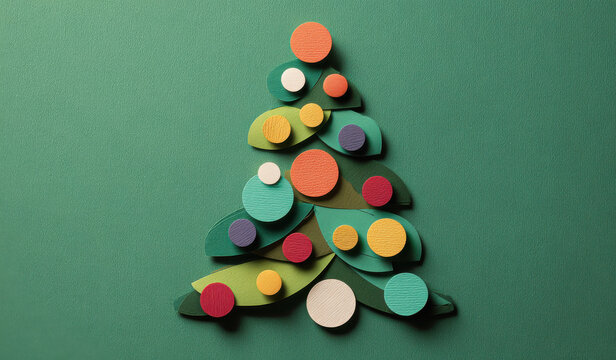 Paper Christmas tree with colorful decorations on green background for festive greeting or holiday design