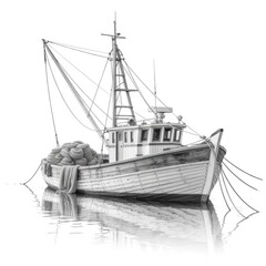 Pen-and-ink drawing of a small fishing boat at rest.