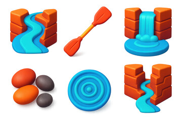 Canyon River Icons. 3D icon set of canyon rivers: winding stream, kayak paddle, waterfall pool, stone pebbles, water ripple,