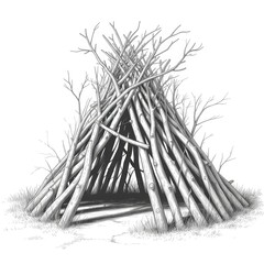 Simple lean-to shelter made of sticks and thatch.